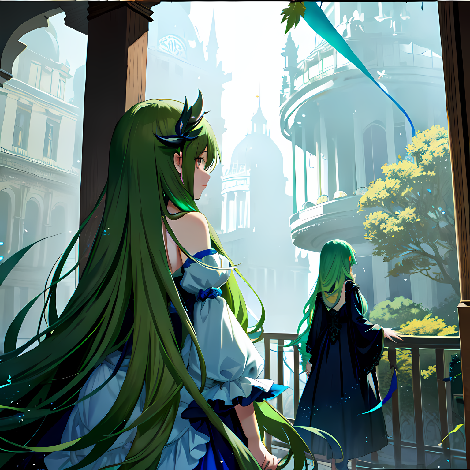 绿发少女，穿插着建筑的长发公主插画图片壁纸