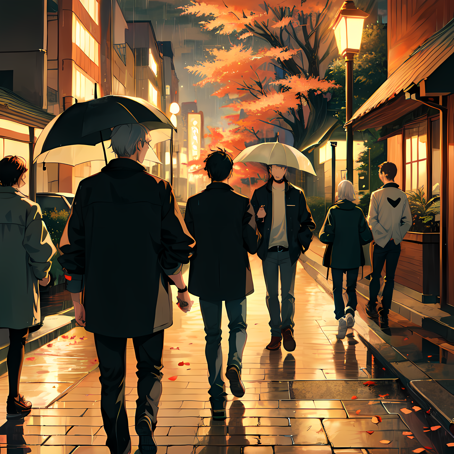 多个男孩分享一个保护伞，在枫树和秋叶的世界里黄昏之际的故事。插画图片壁纸