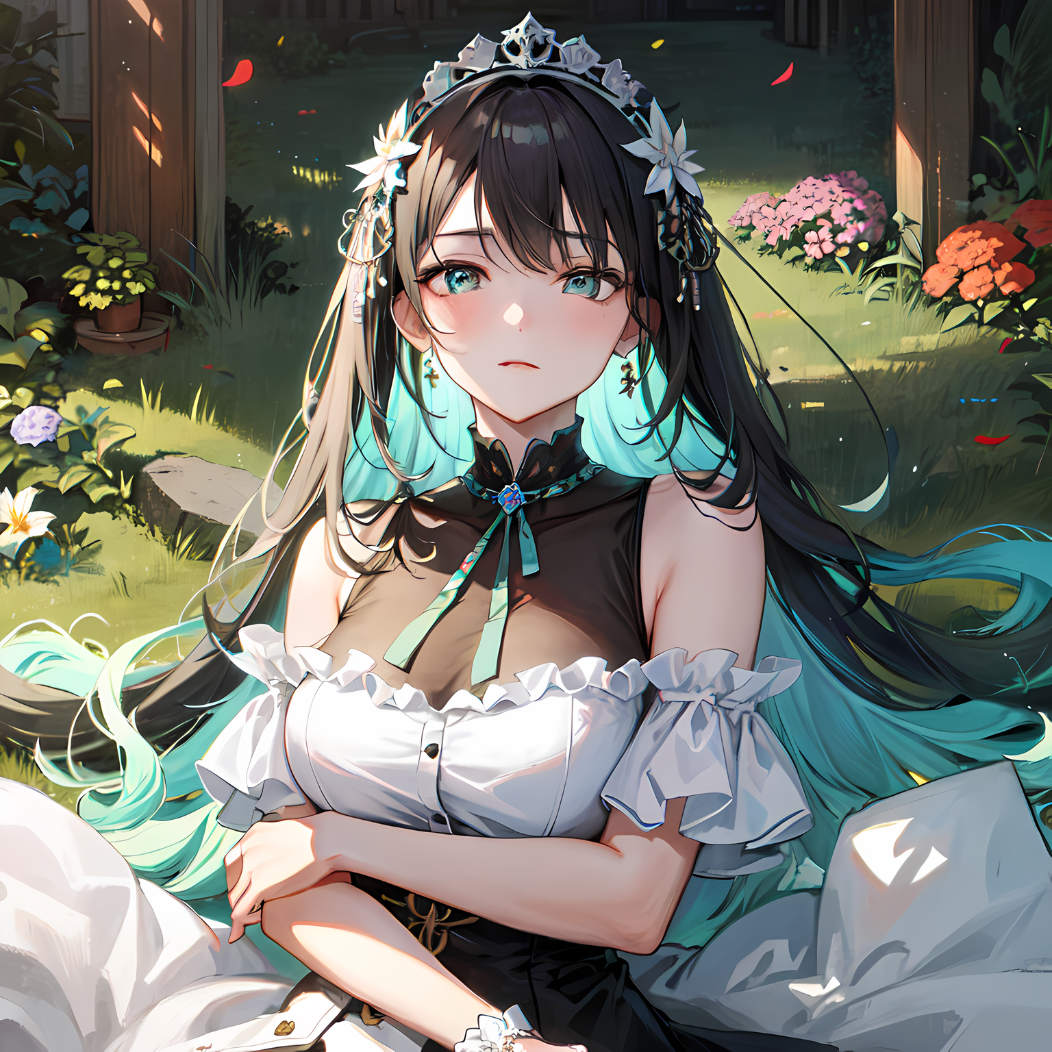 花瓣飘落，单独一女，静享时光。插画图片壁纸