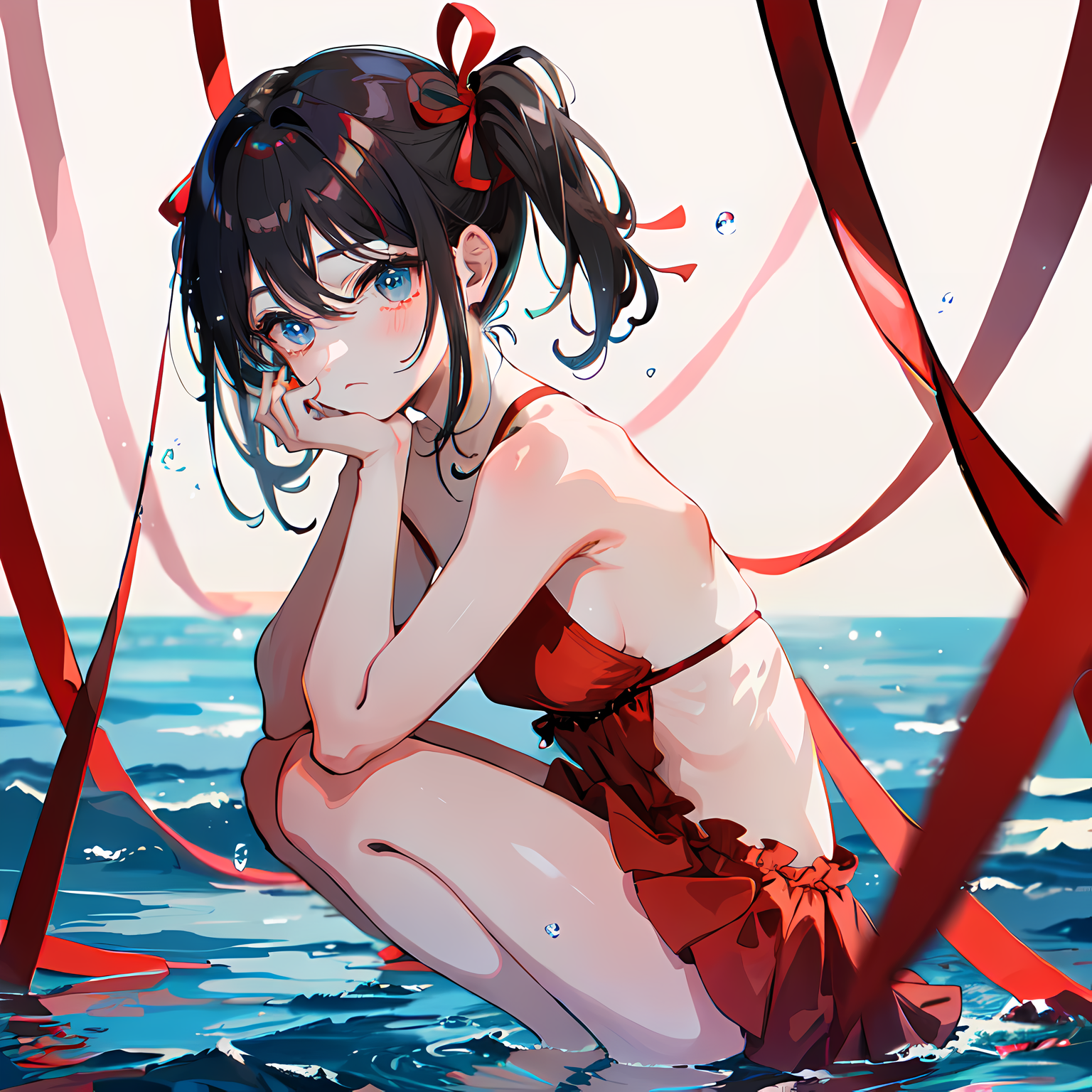 潮湿美少女泳池独舞插画图片壁纸