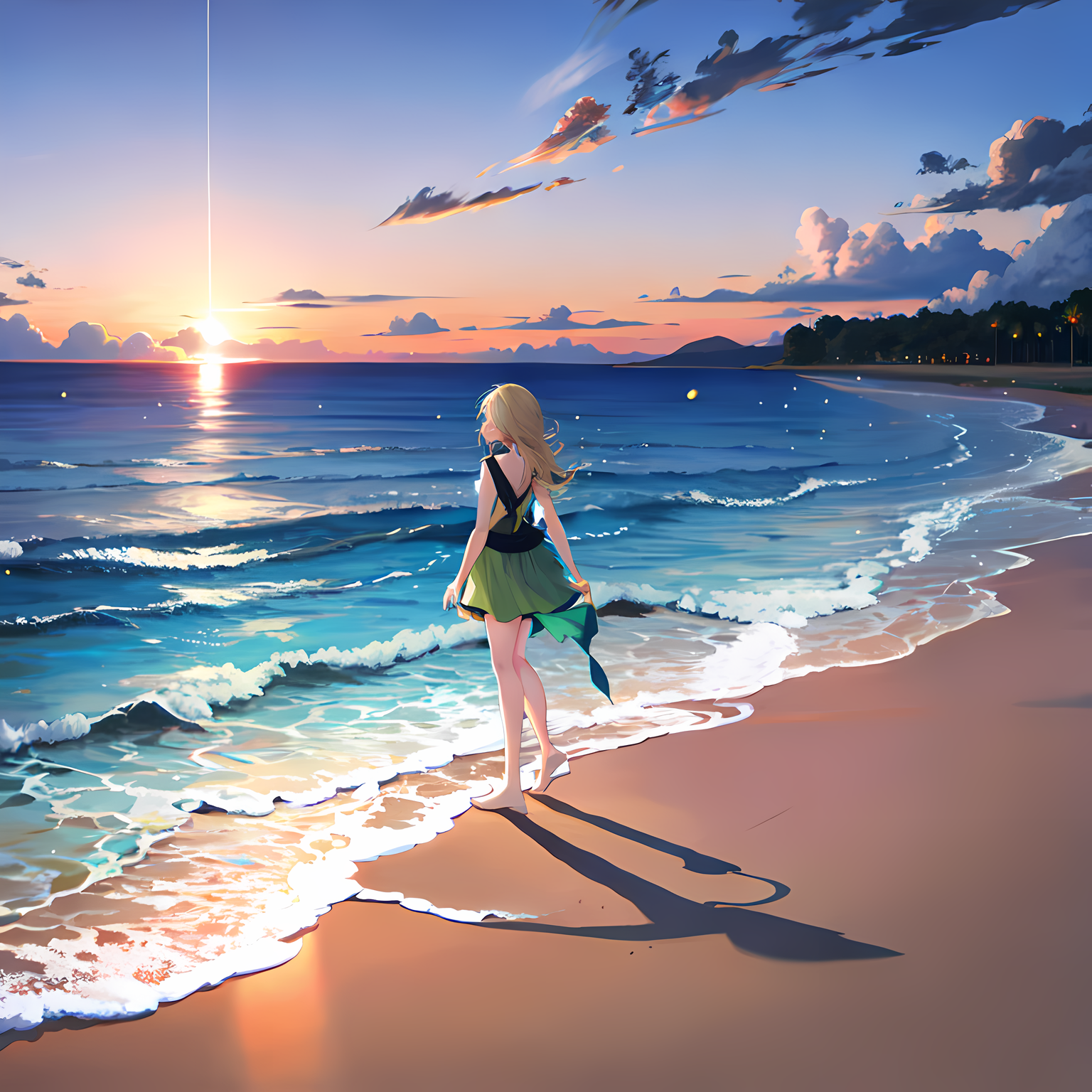 傍晚时分，少女漫步在海滩，观赏绝美海岸景色。插画图片壁纸