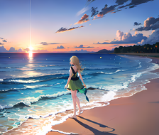 傍晚时分，少女漫步在海滩，观赏绝美海岸景色。