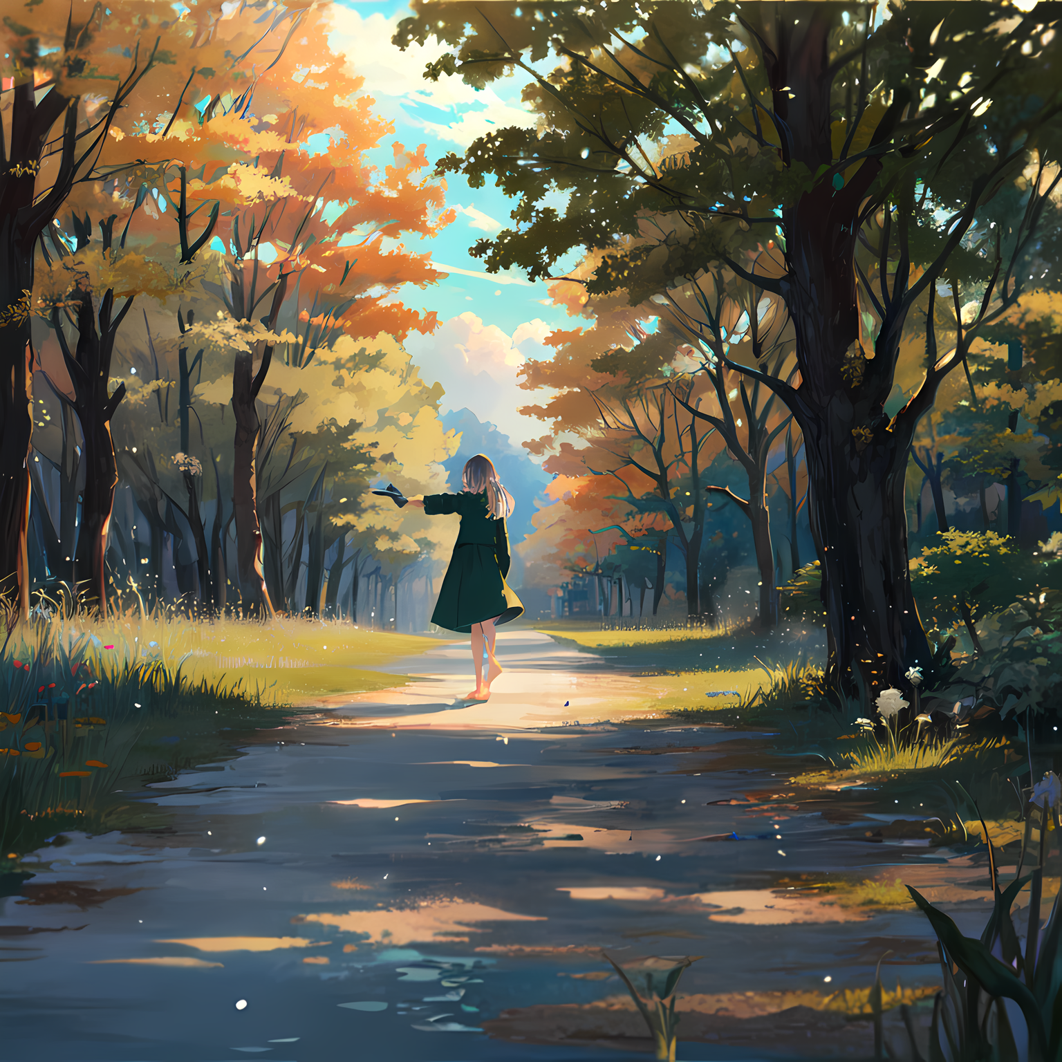 落叶秋天，枫叶夕阳，漫步大自然插画图片壁纸