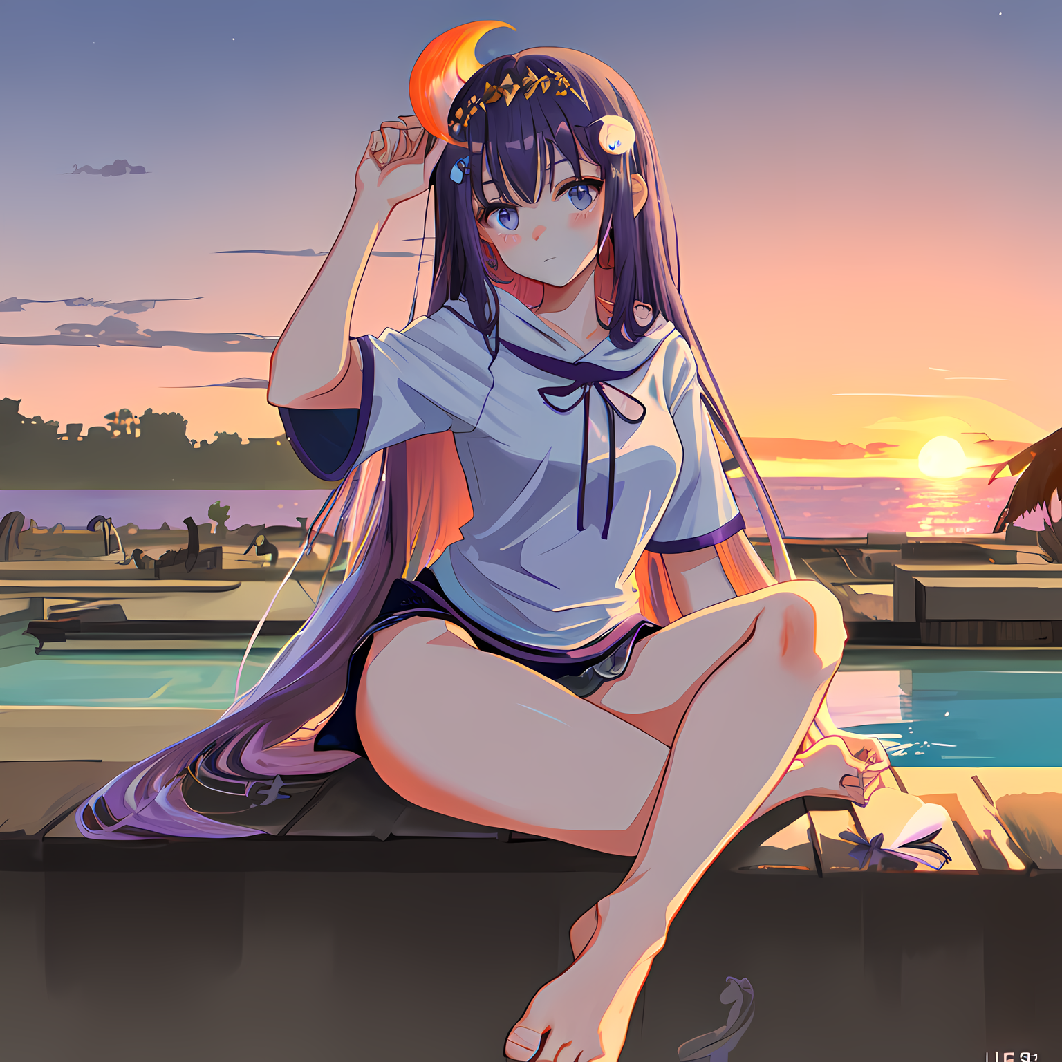 萌妹夕阳海滩漫步