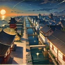 星月夜城，红日山峰。插画图片壁纸