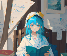 蓝发小姐在图书馆浪漫读书。