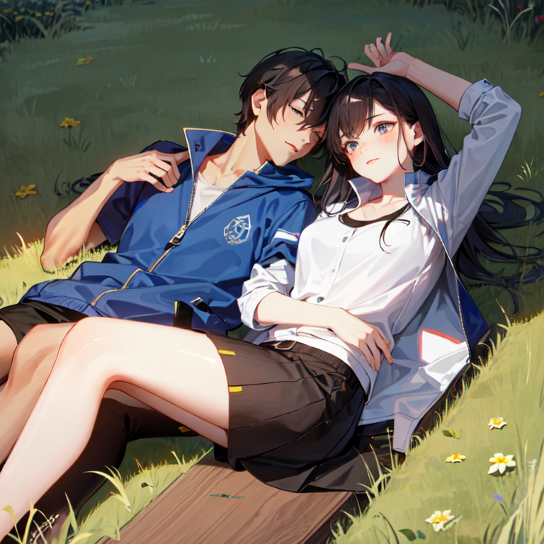 花田盛放，躺在草地上的女孩。