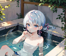 二次元女孩沐浴水中，蓝眼长发俯瞰，倦意莲叶缠绕。