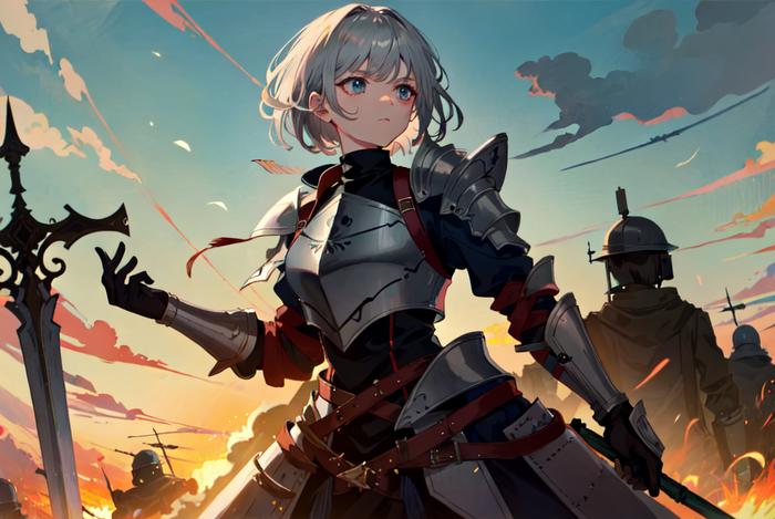 火光黄昏：少女持武器夕阳下燃烧的战士。插画图片壁纸