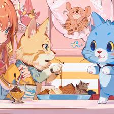 蓝眼睛少女与猫咪喝茶谈人生插画图片壁纸