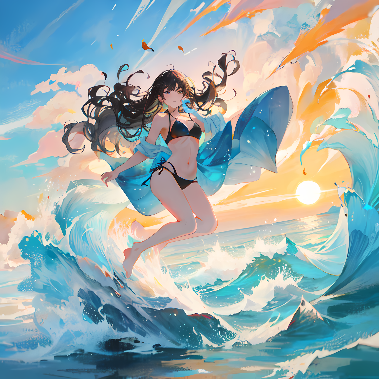 踏浪少女-水彩女孩