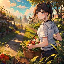 橙色夕阳下，少女浇花。插画图片壁纸