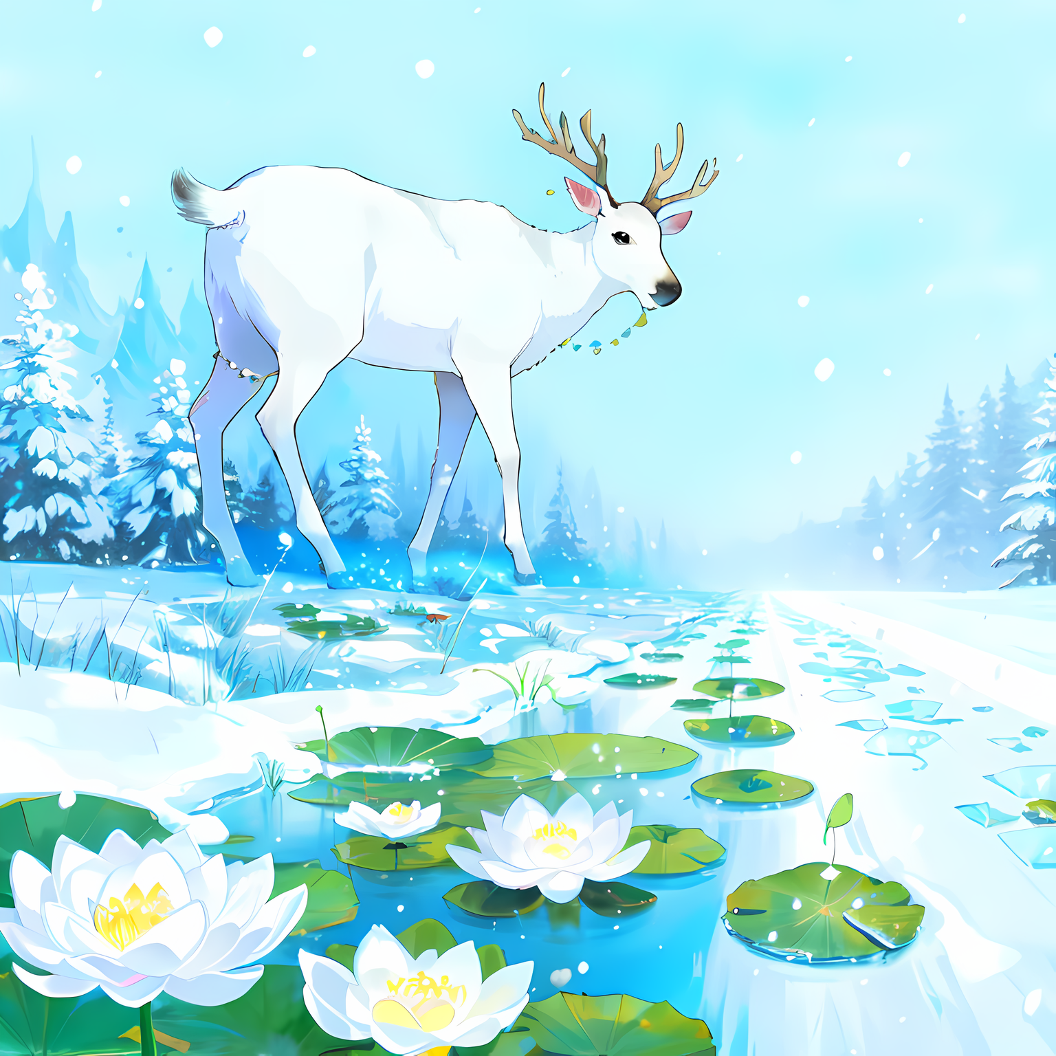 白花在雪中，荷叶浮水漫天雪花，莲花树下春风拂面。插画图片壁纸