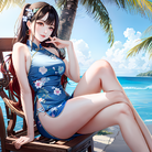 蓝天白云树影下，少女穿中式旗袍静坐海滩上。