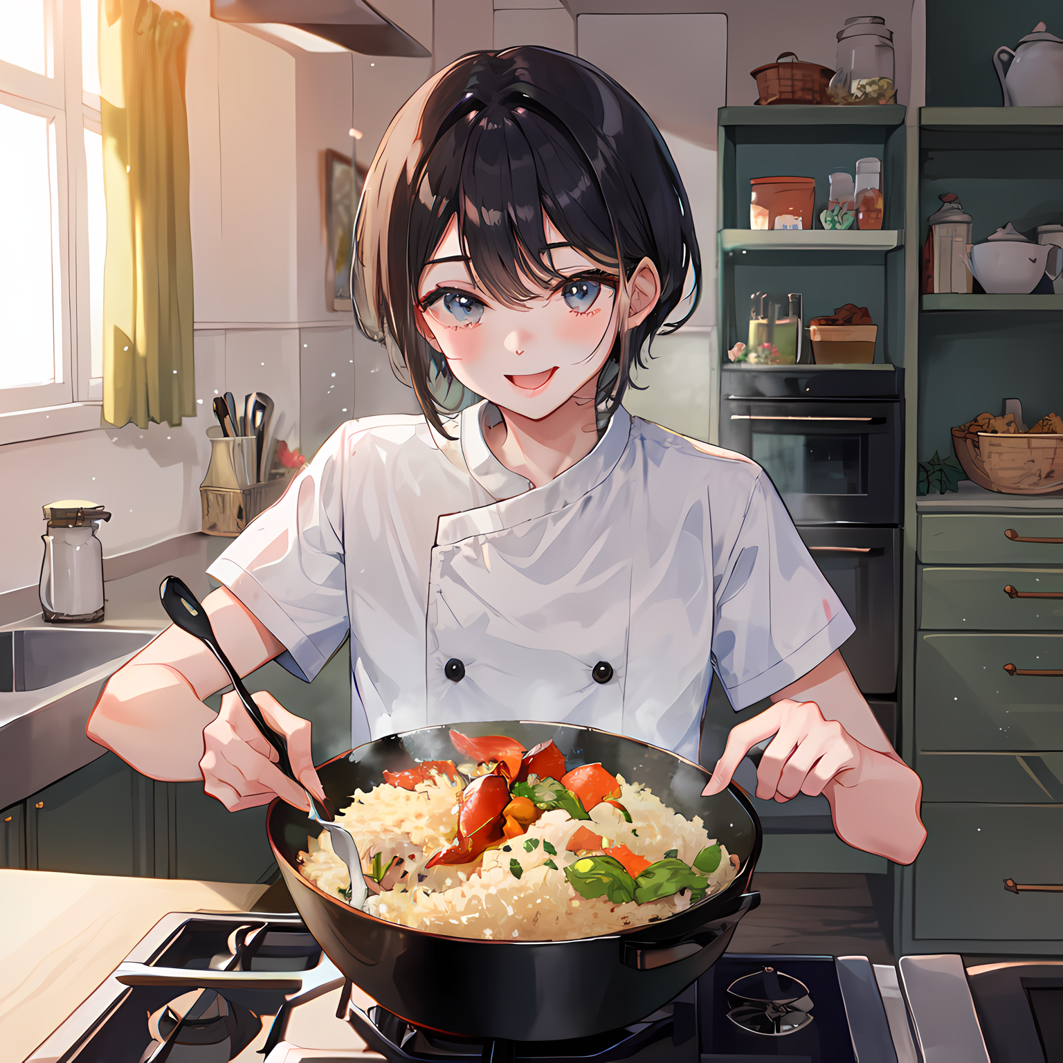 美食女孩在厨房煮日式咖喱插画图片壁纸