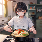 美食女孩在厨房煮日式咖喱