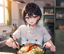 美食女孩在厨房煮日式咖喱