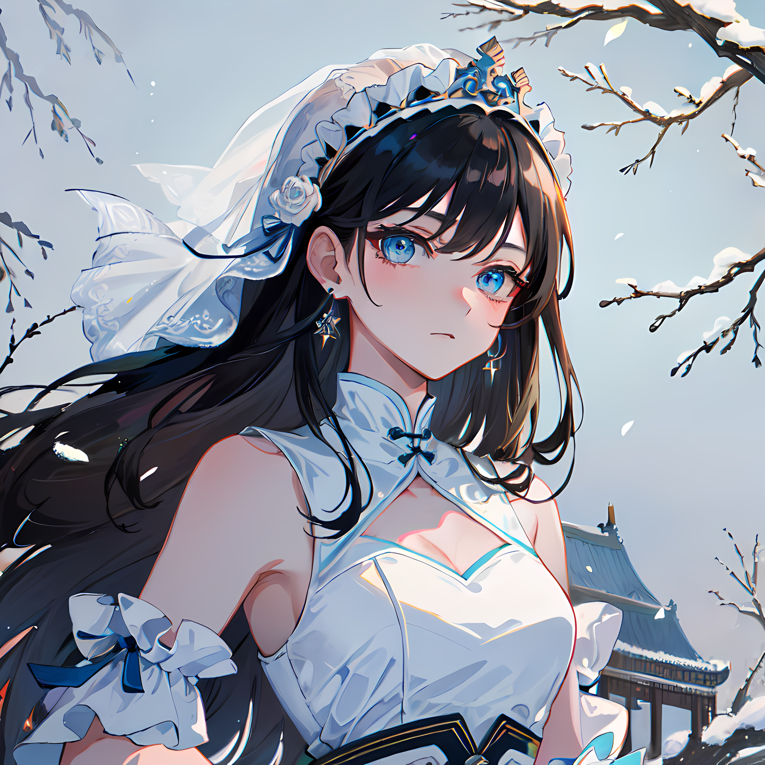 冬日树干美少女插画图片壁纸