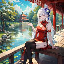 华美美少女的海边漫步。插画图片壁纸