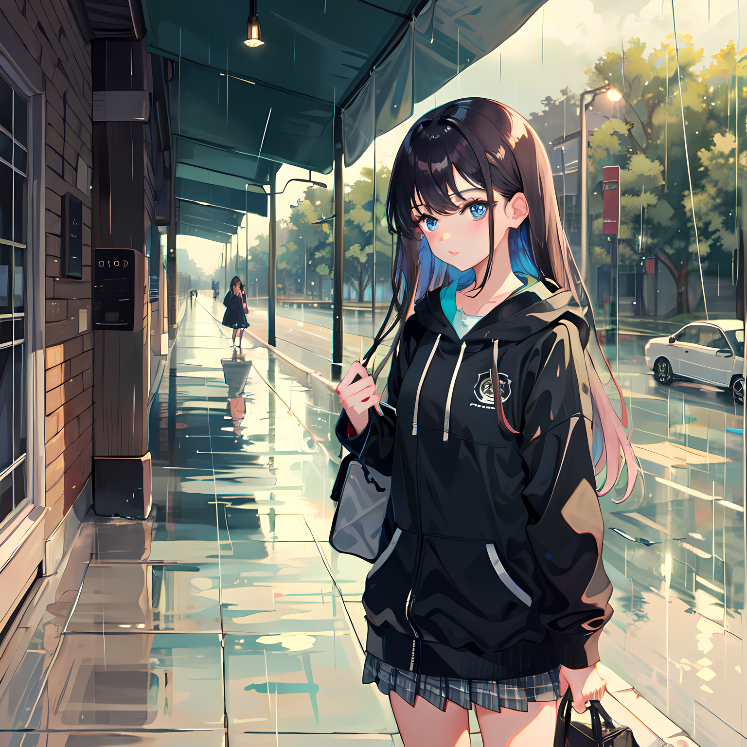 雨中少女，透明伞下，红色雨衣。