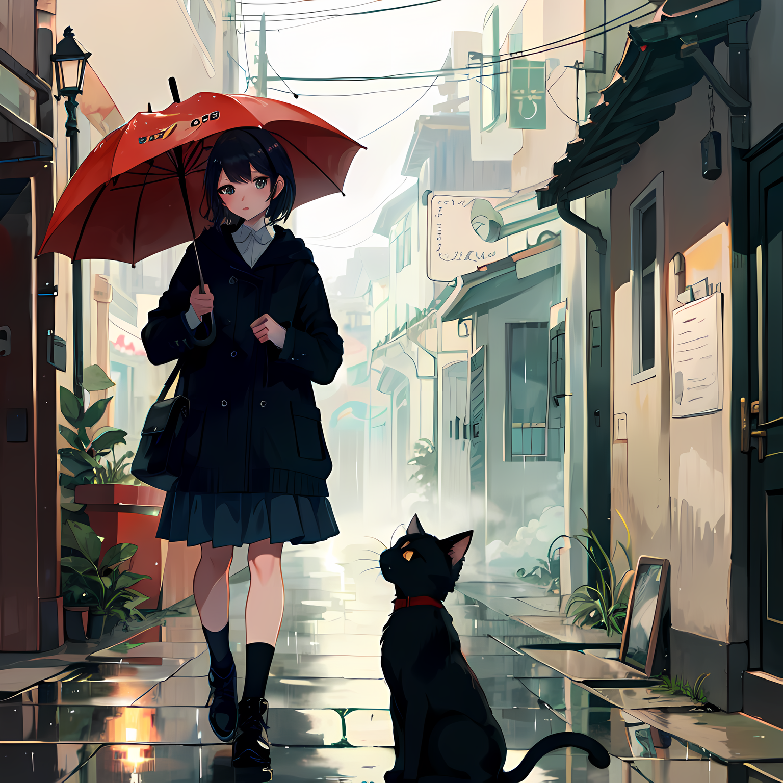 伞下猫，青春雨中游插画图片壁纸