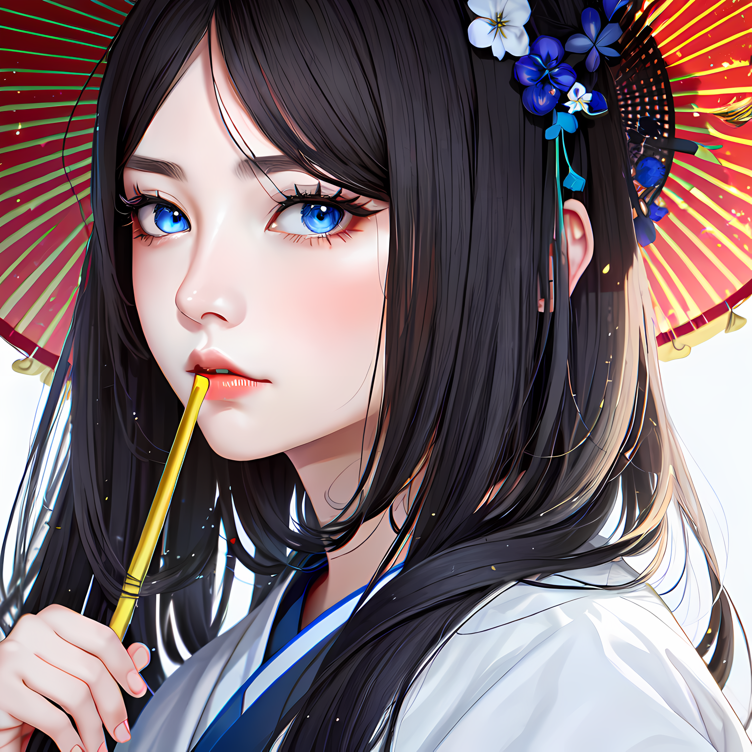 红钞伞横架，美少女举伞闲步。插画图片壁纸