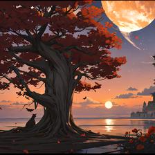 秋日山峰，火光燃起，紫色星空。插画图片壁纸