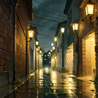 夜晚城市无人，树下烛光景观，雨中灯笼与建筑。
