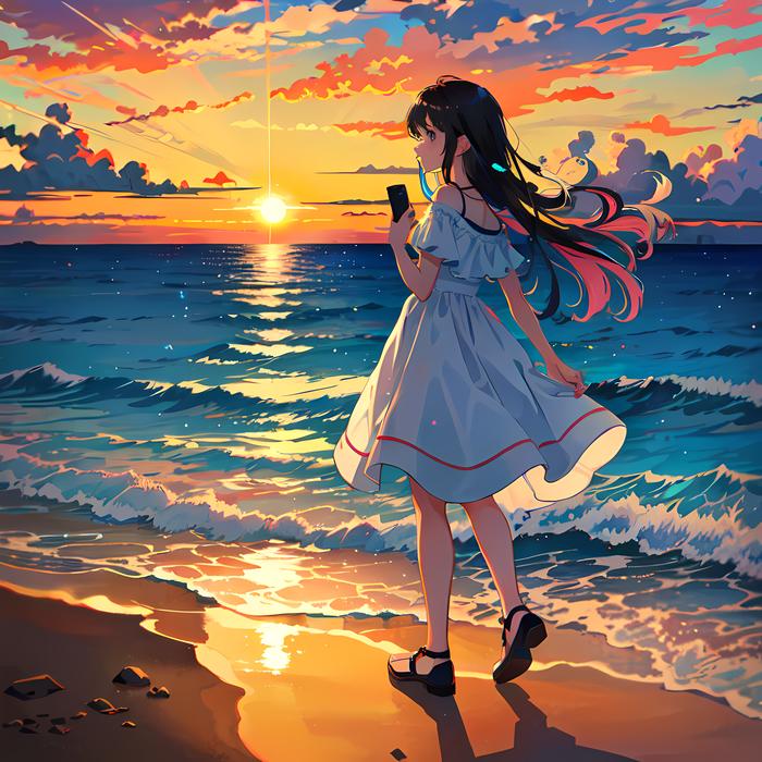 橘色的海岸边，燃烧着的夕阳和漂亮的女孩。插画图片壁纸