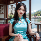 独坐东亚建筑背景下的模糊少女穿着中国服饰