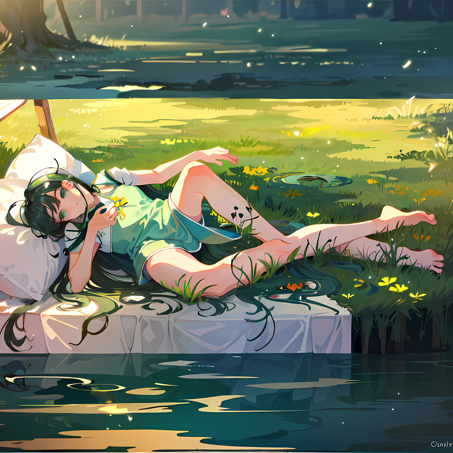 绿意盎然少女，躺在草地上玩水。插画图片壁纸