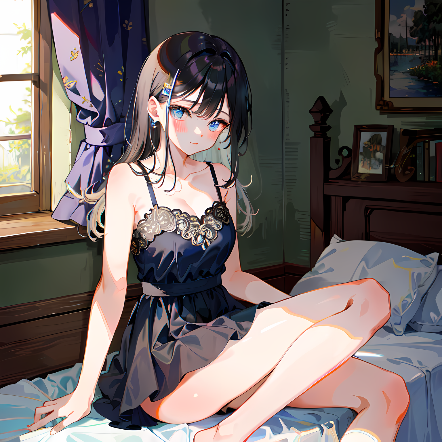 床上的蓝眼睛少女：窗前独坐插画图片壁纸
