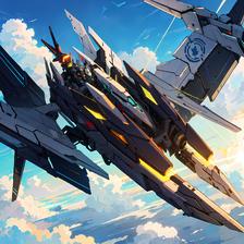 蓝天白云，机甲翱翔，飞行轨迹，未来科幻。插画图片壁纸