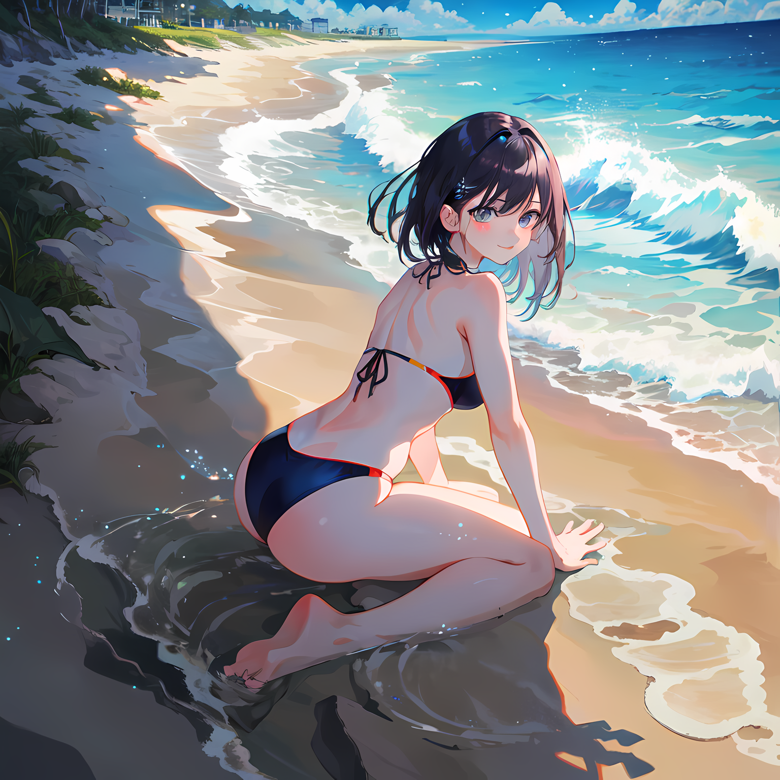 青涩海滩美女插画图片壁纸
