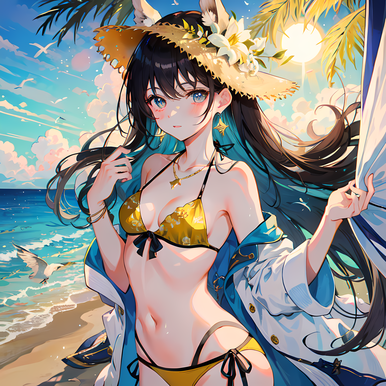 海滩上的二次元美少女插画图片壁纸