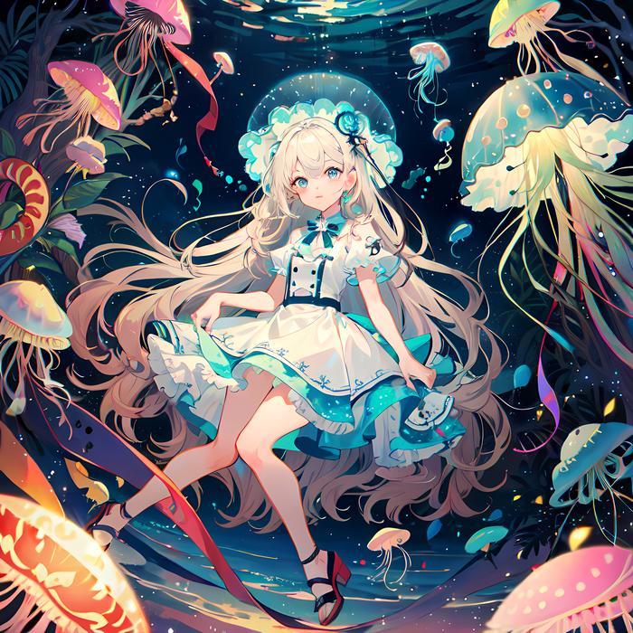 星空女孩：天上星河，地下水族馆插画图片壁纸