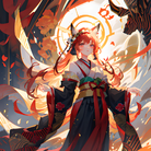 红发姑娘独立芳林，穿日本和服绽花瓣，眼神凌厉逼视观者，扇袖飘逸，枫叶与鸟居环绕。