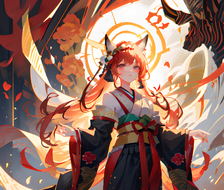 红发姑娘独立芳林，穿日本和服绽花瓣，眼神凌厉逼视观者，扇袖飘逸，枫叶与鸟居环绕。