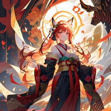 红发姑娘独立芳林，穿日本和服绽花瓣，眼神凌厉逼视观者，扇袖飘逸，枫叶与鸟居环绕。插画图片壁纸