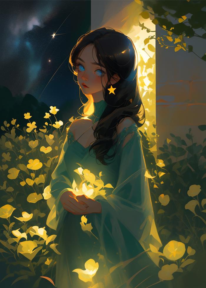 夜间，花园中的女孩插画图片壁纸