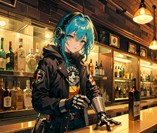 一个女孩独自喝饮料，穿着夹克戴着耳机，在蓝眼睛和砖墙的背景下。