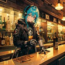 一个女孩独自喝饮料，穿着夹克戴着耳机，在蓝眼睛和砖墙的背景下。插画图片壁纸