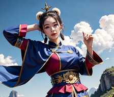 蓝天白云，一女孩独自漫步在中国建筑风格的山间景观中，唇红齿白，首饰闪耀。