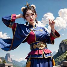蓝天白云，一女孩独自漫步在中国建筑风格的山间景观中，唇红齿白，首饰闪耀。插画图片壁纸