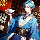 蓝发少年穿日式衣服独自一人端着杯子看着你，身后是东亚建筑。