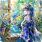 一女孩独自注视瀑布，蓝眼眸透过棕榈树叶看向观众，裸露肩膀，劈好的短发，手握花盆悄悄浇水。