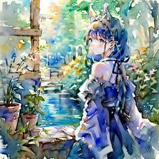 一女孩独自注视瀑布，蓝眼眸透过棕榈树叶看向观众，裸露肩膀，劈好的短发，手握花盆悄悄浇水。插画图片壁纸