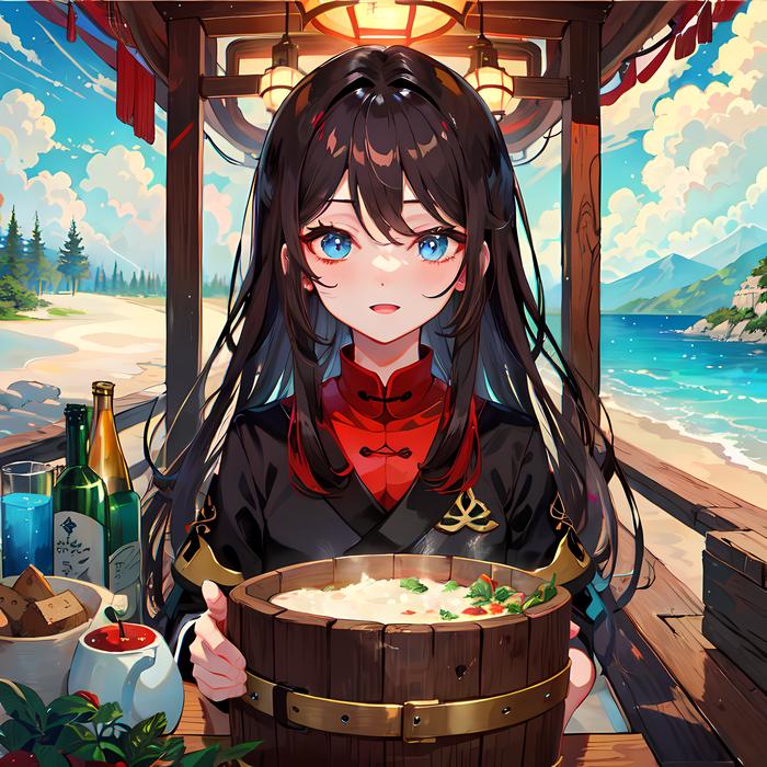 蓝天白云，少女独舟，岛屿美食插画图片壁纸