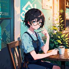 黑发眼镜妹子一个人坐在咖啡馆里，手拿杯子，眼神清澈，周围环绕着幼嫩的植物、藤蔓和彩纸，静静地品着咖啡。插画图片壁纸