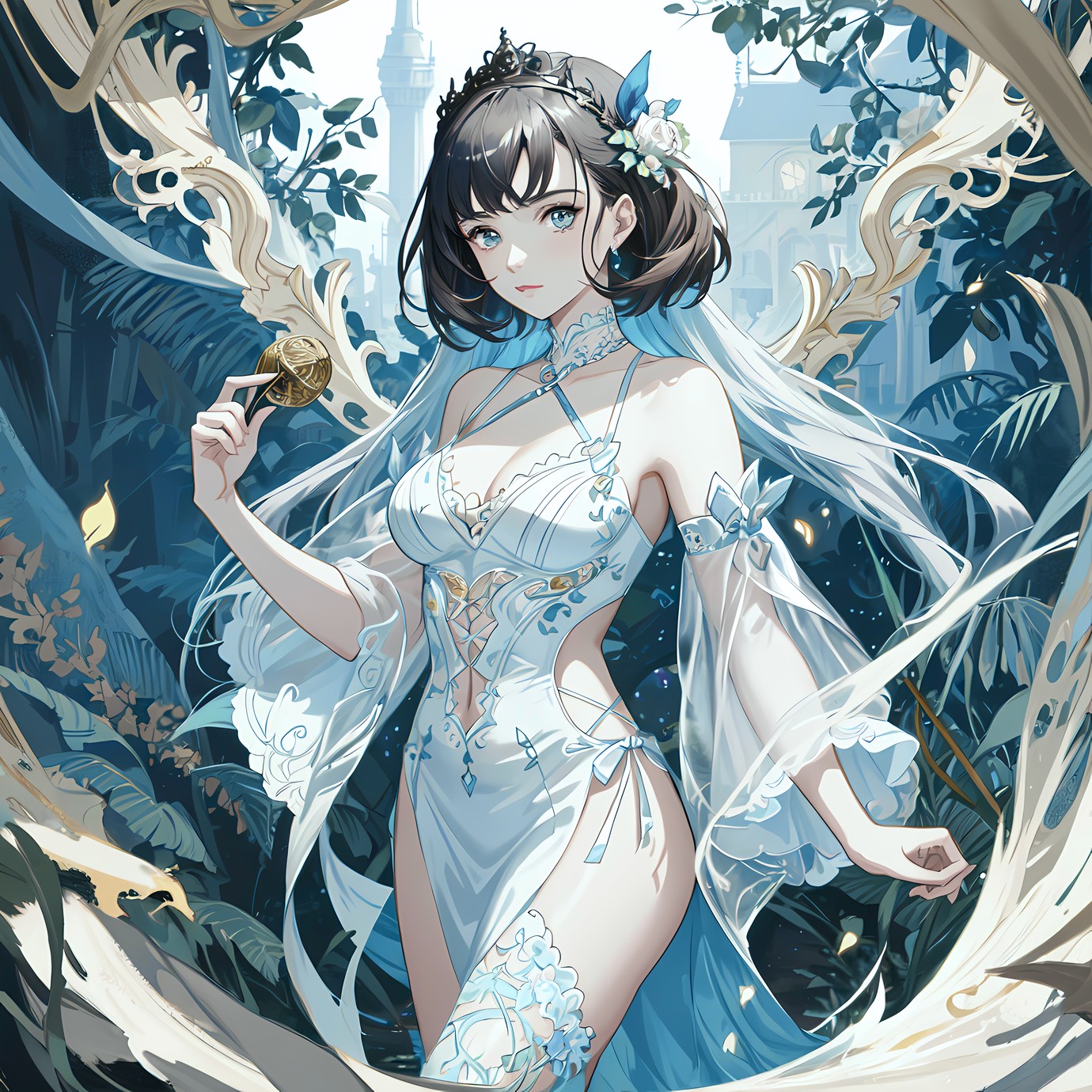 花树下，妹号令人艳，其貌不扬，珠光宝气。插画图片壁纸